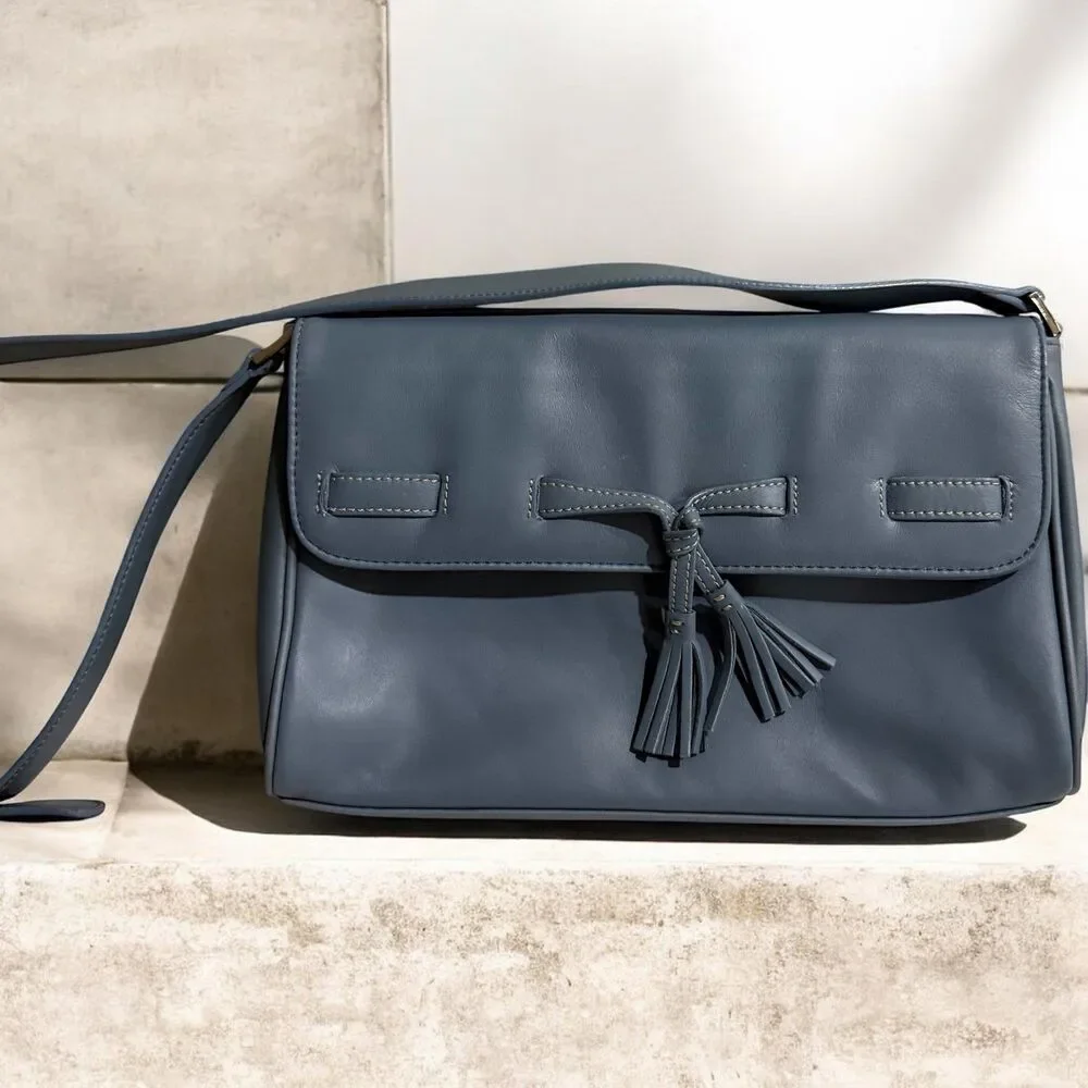 Charter Club Blue Gray Crossbody Bag Adjustable Strap Tassel Flap
